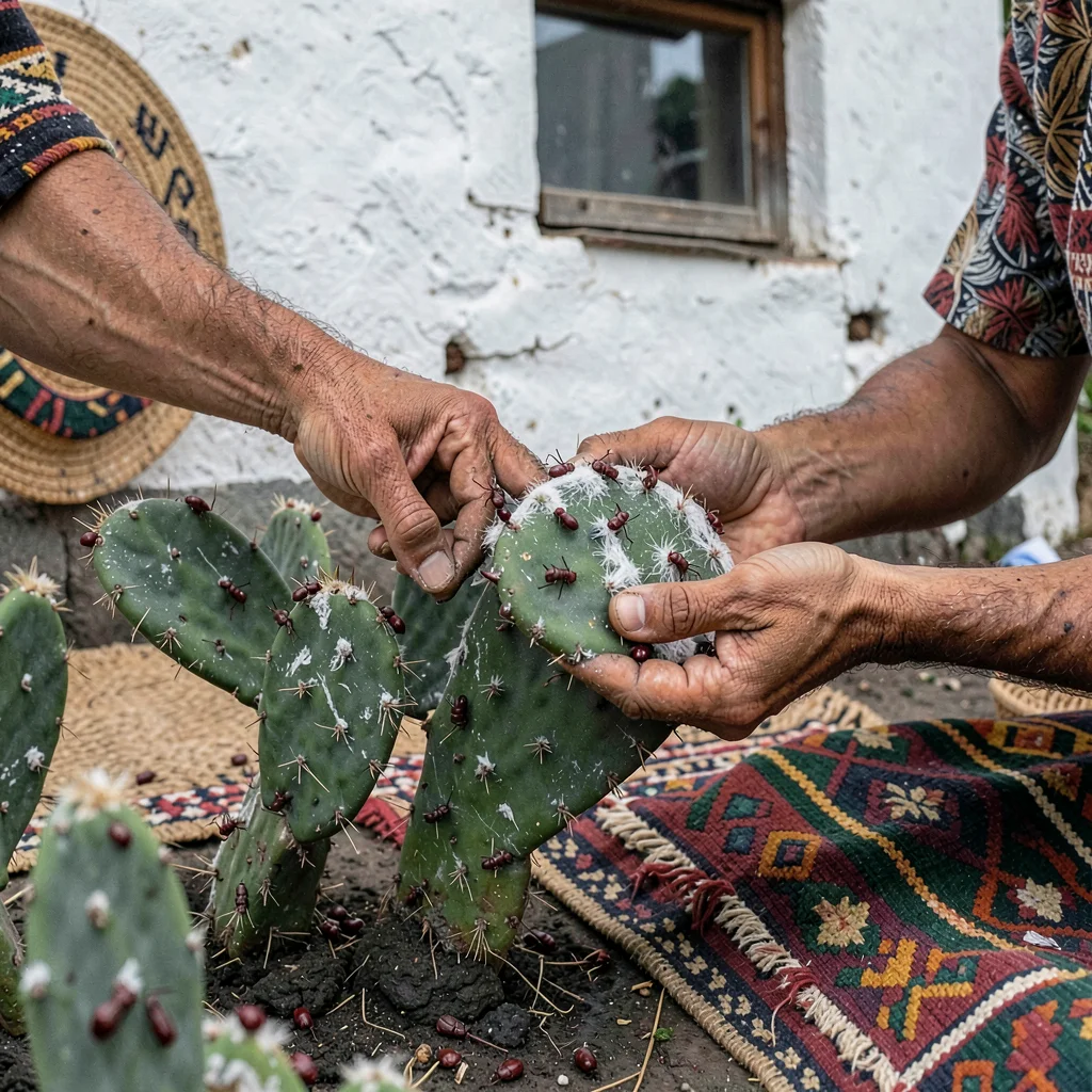 Documentary photograph with Guatemalan highland aesthetic, Cochineal insects on 