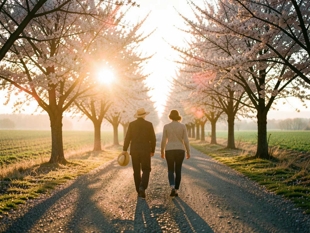 Two people walking away from camera down a country road lined with blooming cher