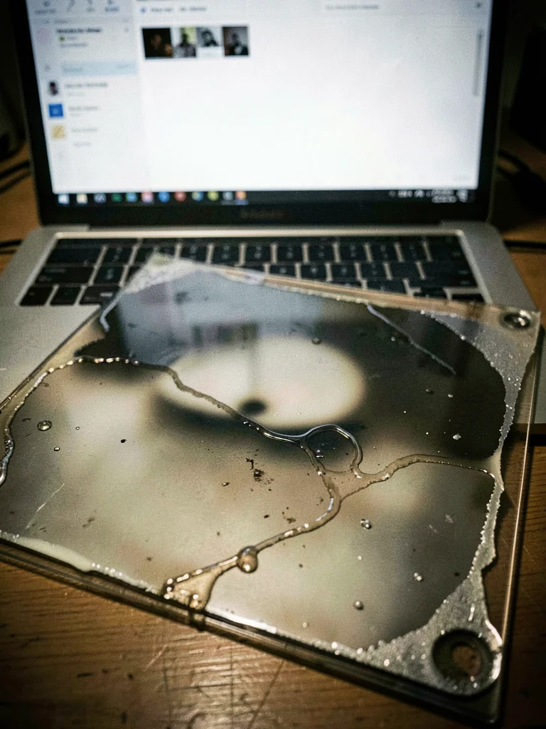 MacBook Air open on desk, screen glowing, wet plate collodion long exposure crea