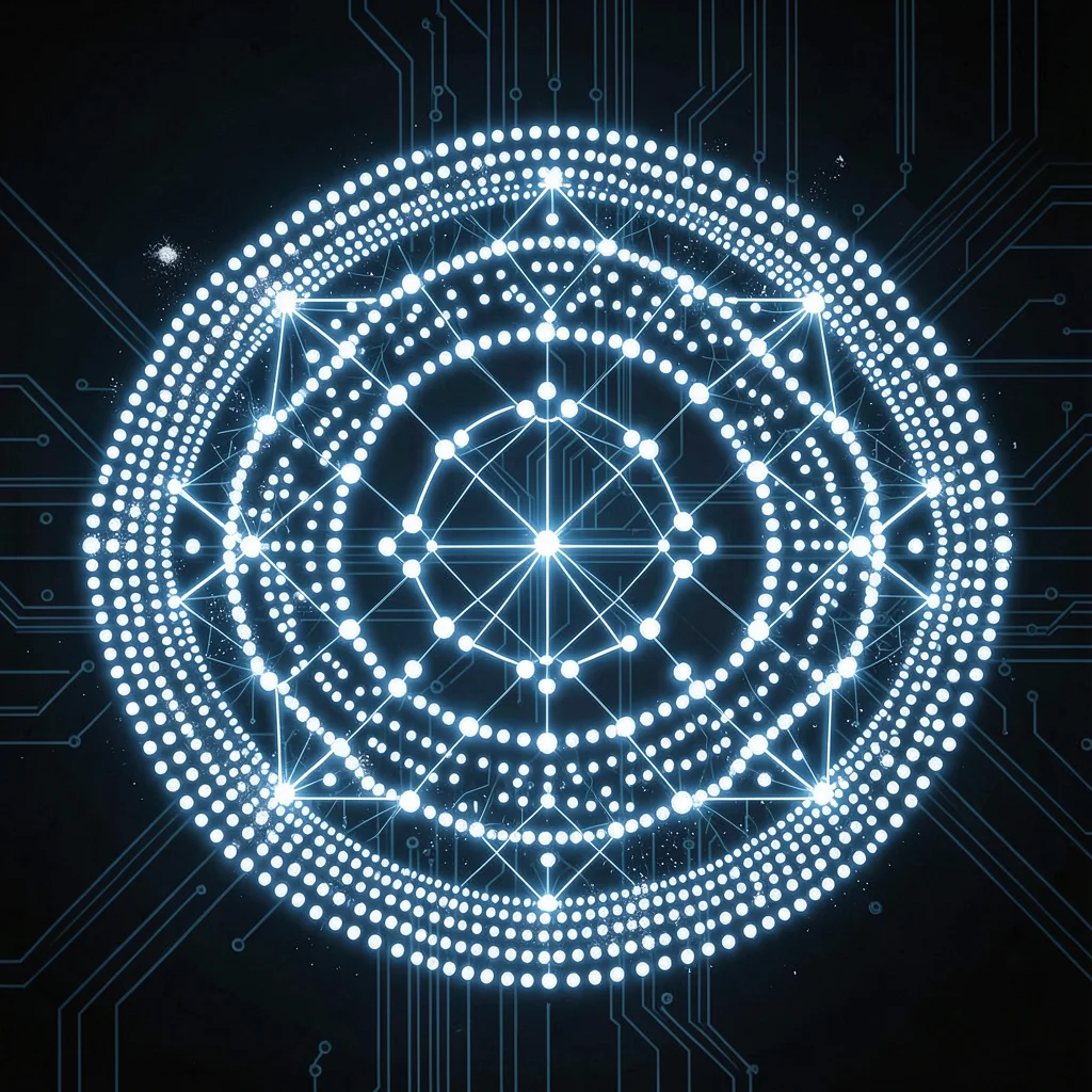 Kolam dot grid pattern rendered as LED matrix, rice powder white points glowing 