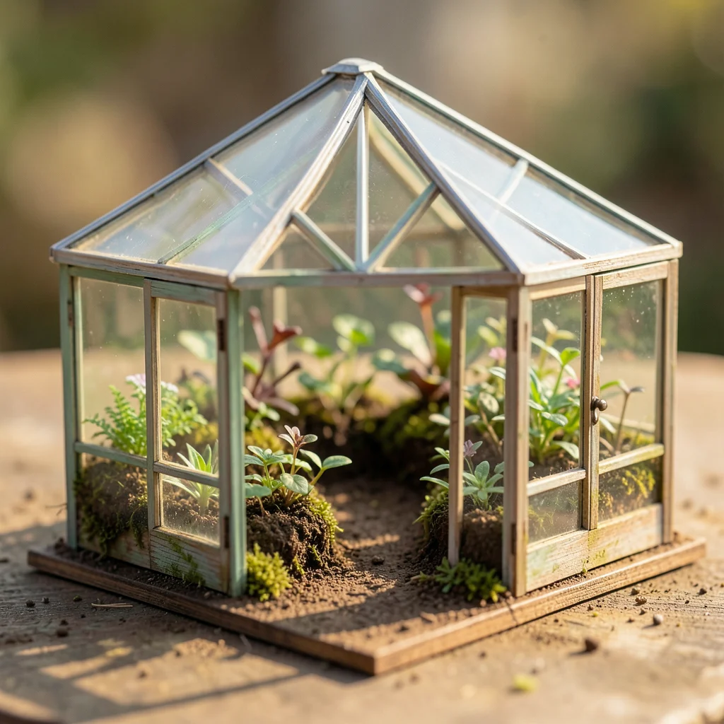 A miniature greenhouse: actual tiny plants growing inside, glass panels from mic