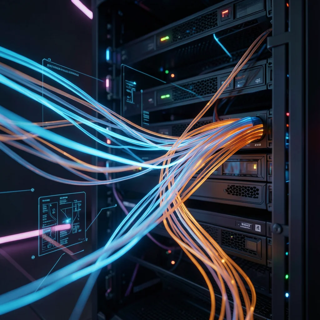 Close-up of fiber optic cables glowing blue and orange in a dark server rack