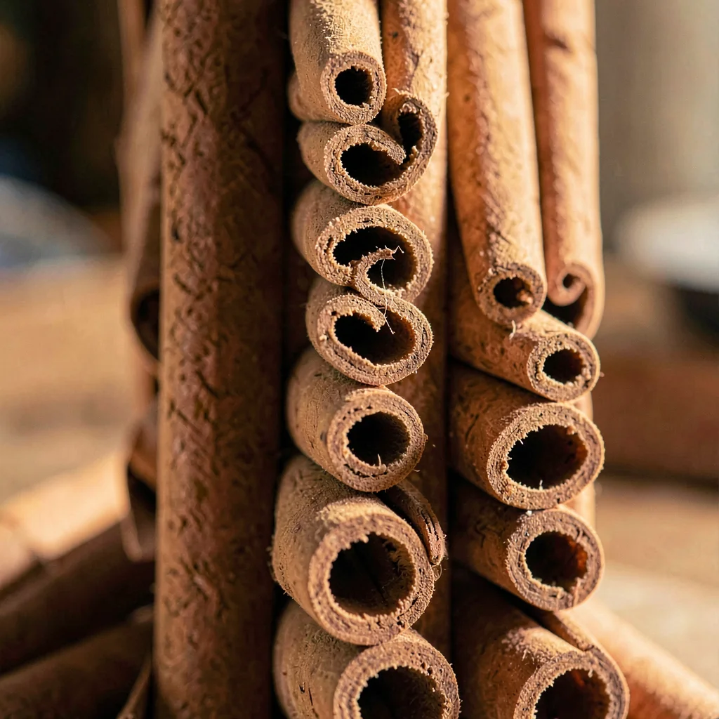 Vertical macro of a column of stacked cinnamon quills