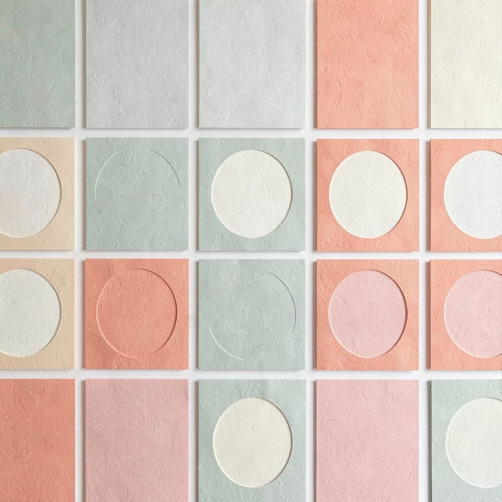 Papercraft pattern of repeating paper-cut posters in soft sage, coral and butter