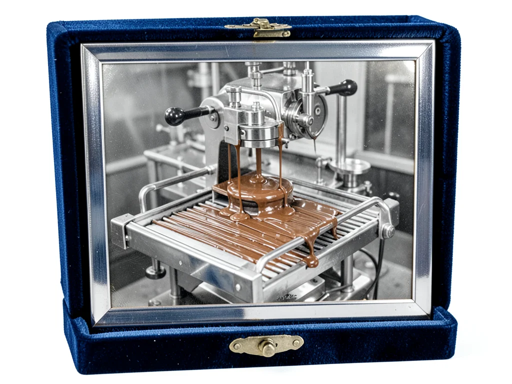 A chocolate tempering machine with liquid chocolate flowing over the cooling tab