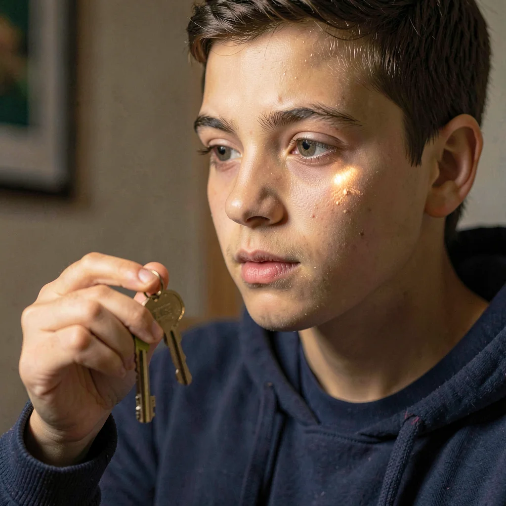 Tight portrait of a student receiving a key, soft worklight glow on cheekbone