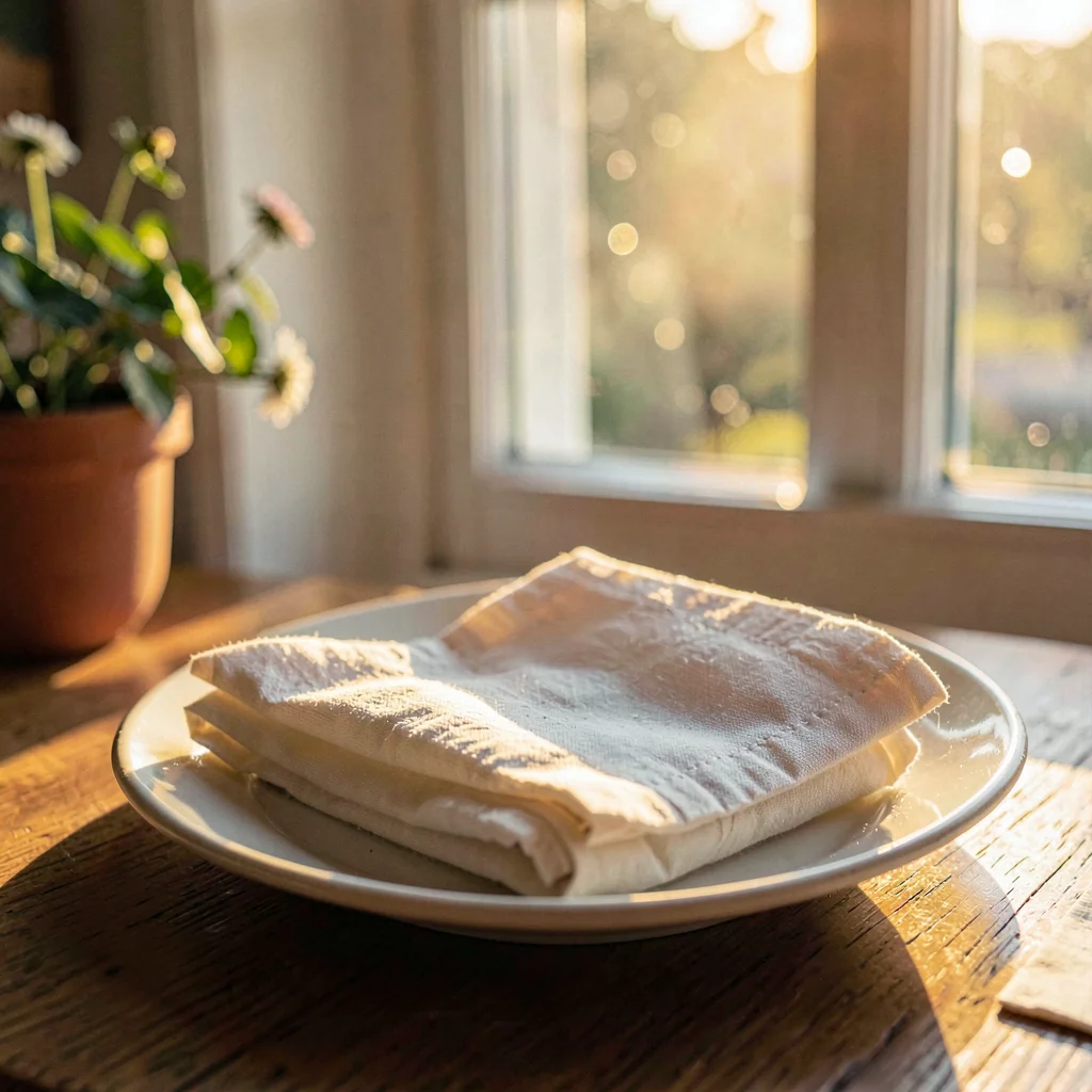 Cozy story tile of a folded napkin on a side plate by a window, golden afternoon