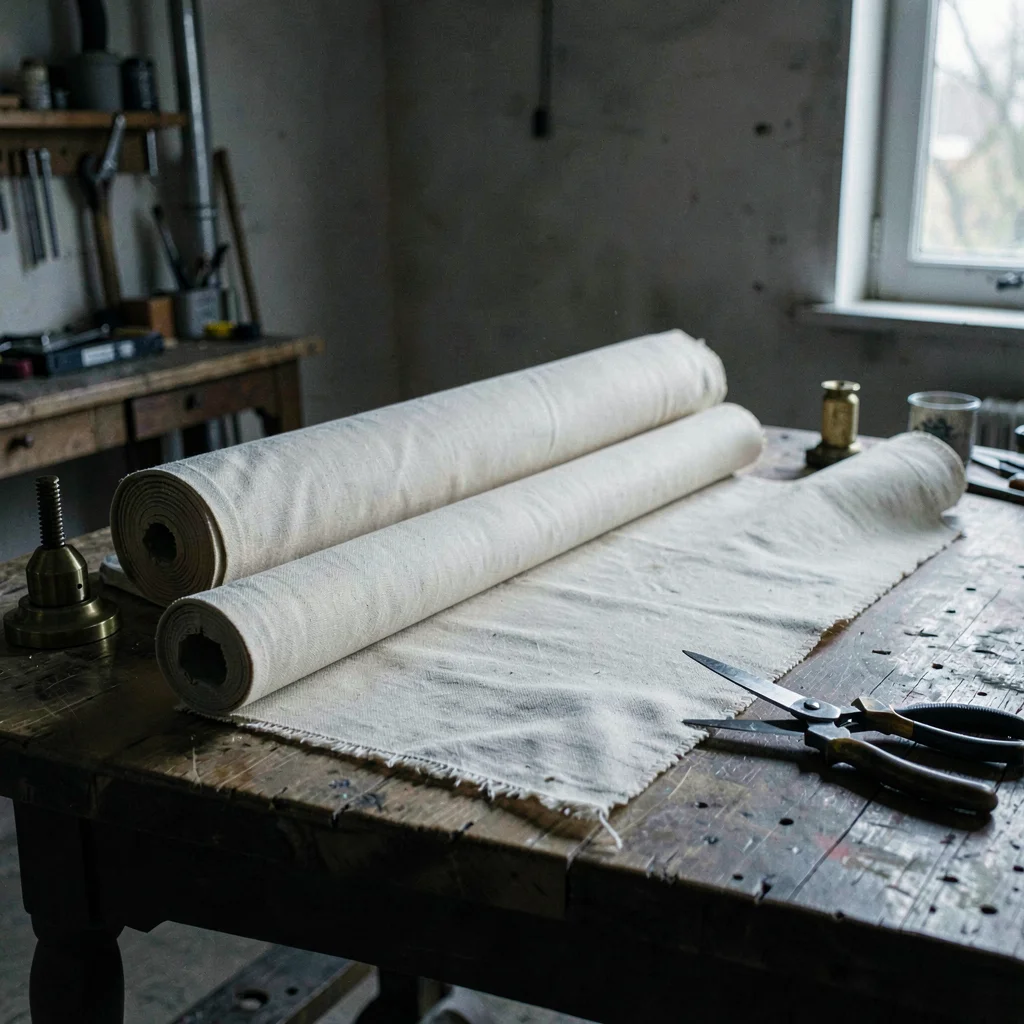 Wide cutting-table photo with a long roll of canvas spread out, brass pattern we