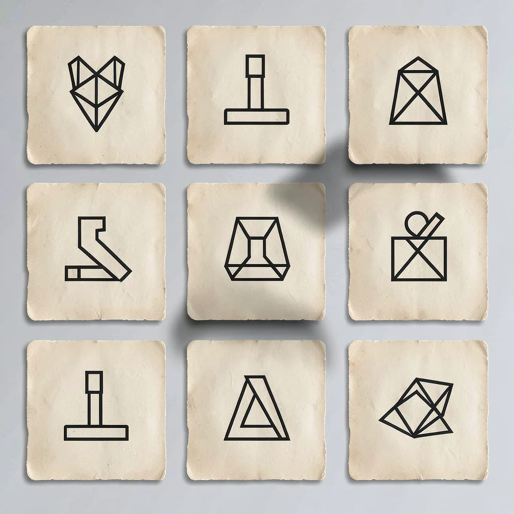 Tidy 2x3 grid of six abstract step-card mockups on parchment, each tile carrying