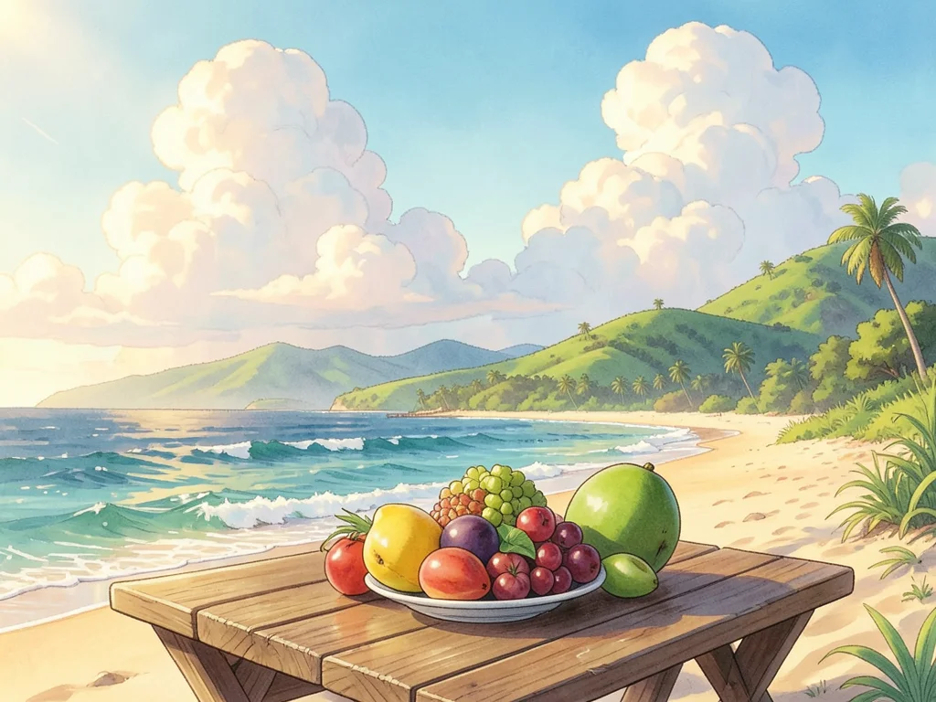 Tropical fruit platter on beach table, mango papaya coconut, ocean view
