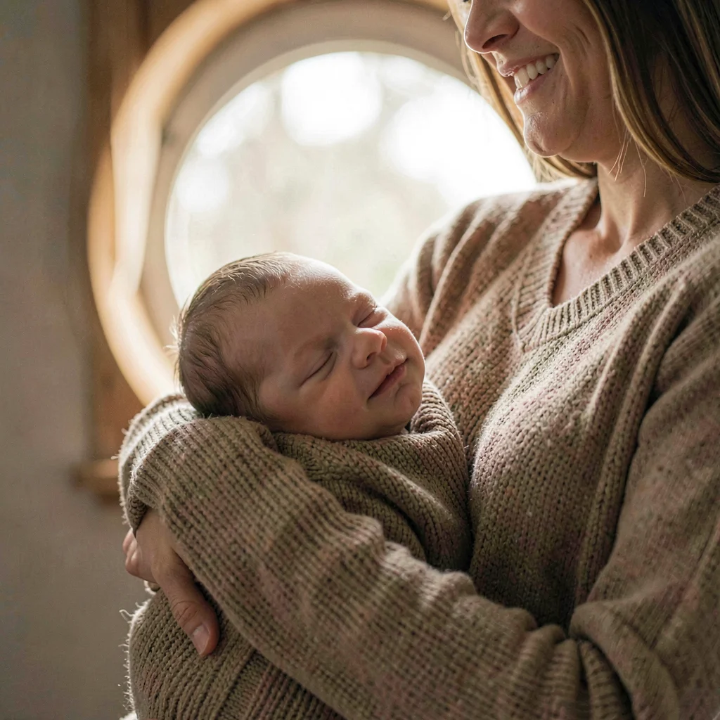 Soft-lit hero of a newborn curled in a parent's arms, painterly window halo, oat