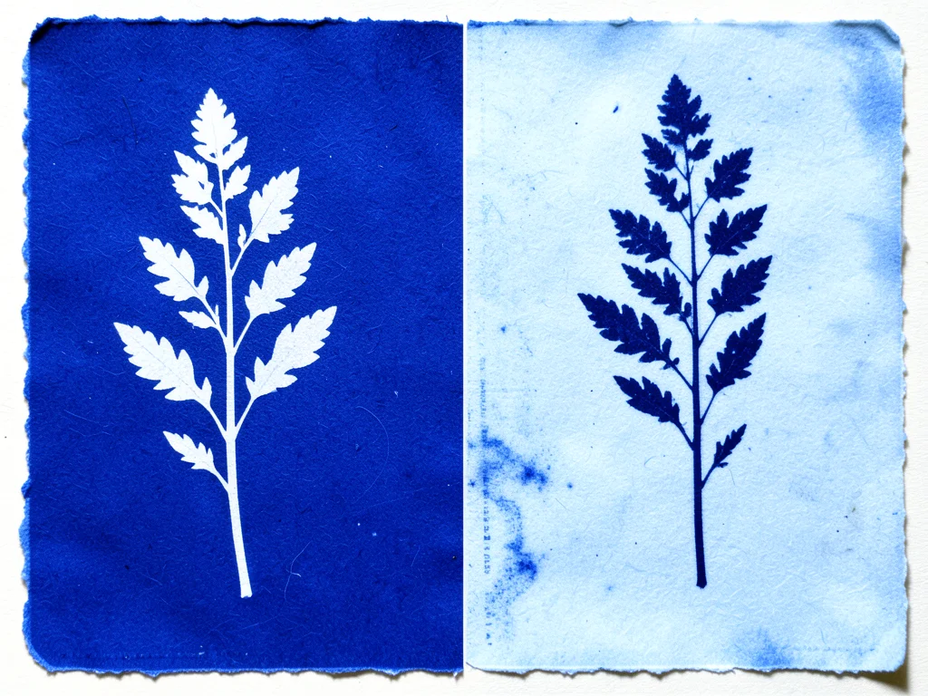 Cyanotype negative: dark plant specimen on light blue background, reversed by ex