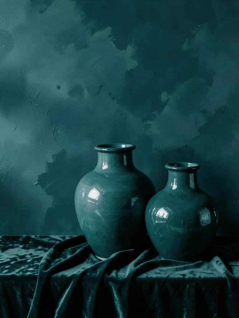 Deep teal study, ceramic vases, velvet cloth, painted wall, tonal variations sin