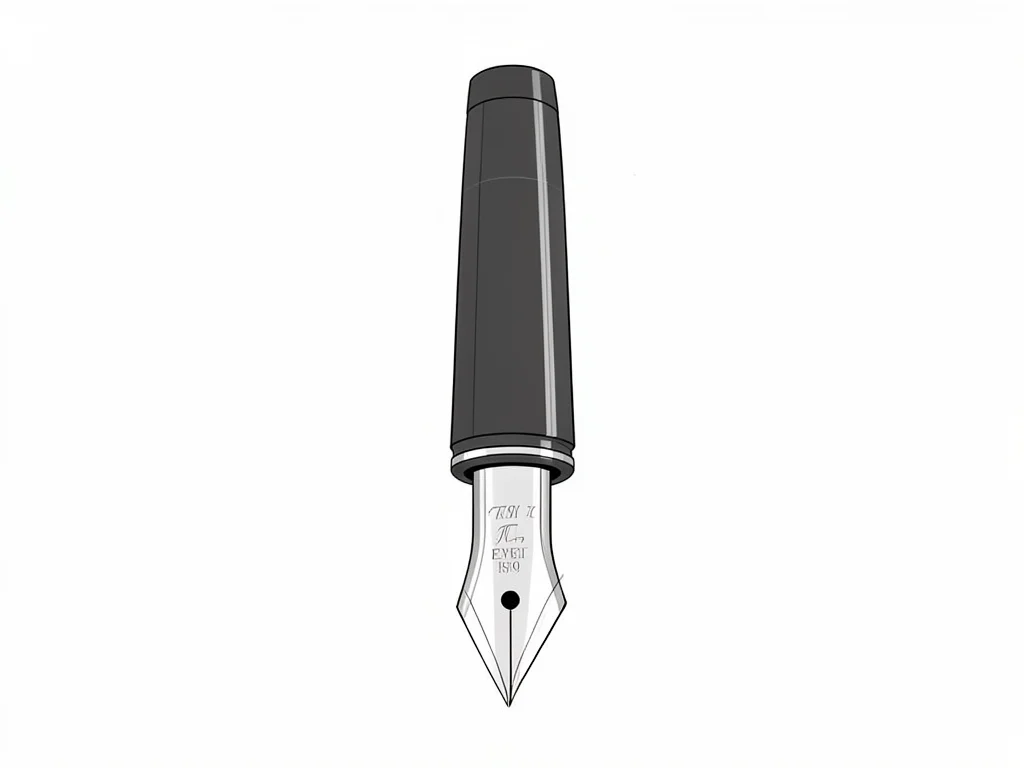 A technical plate of a single fountain pen barrel and nib, feed channel suggeste