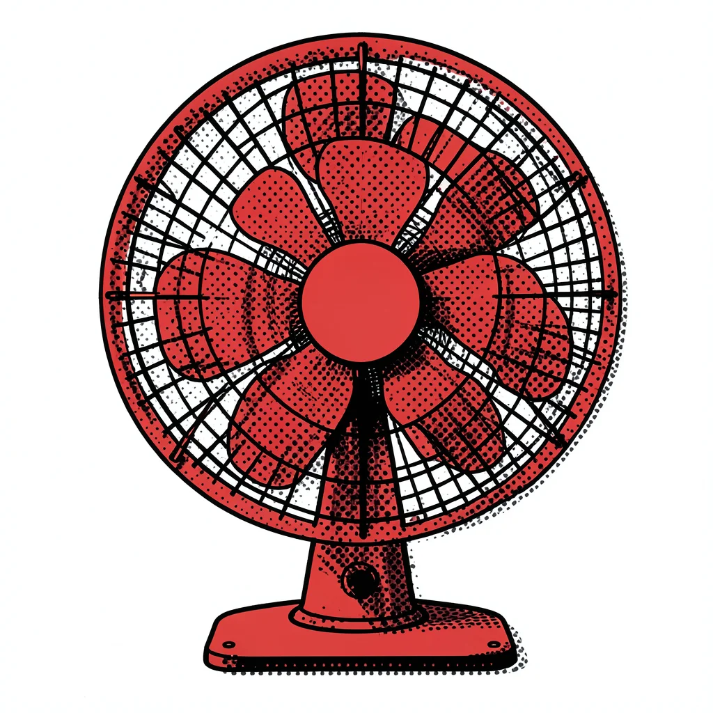 Electric fan viewed straight-on, flat red body, halftone dot shadow