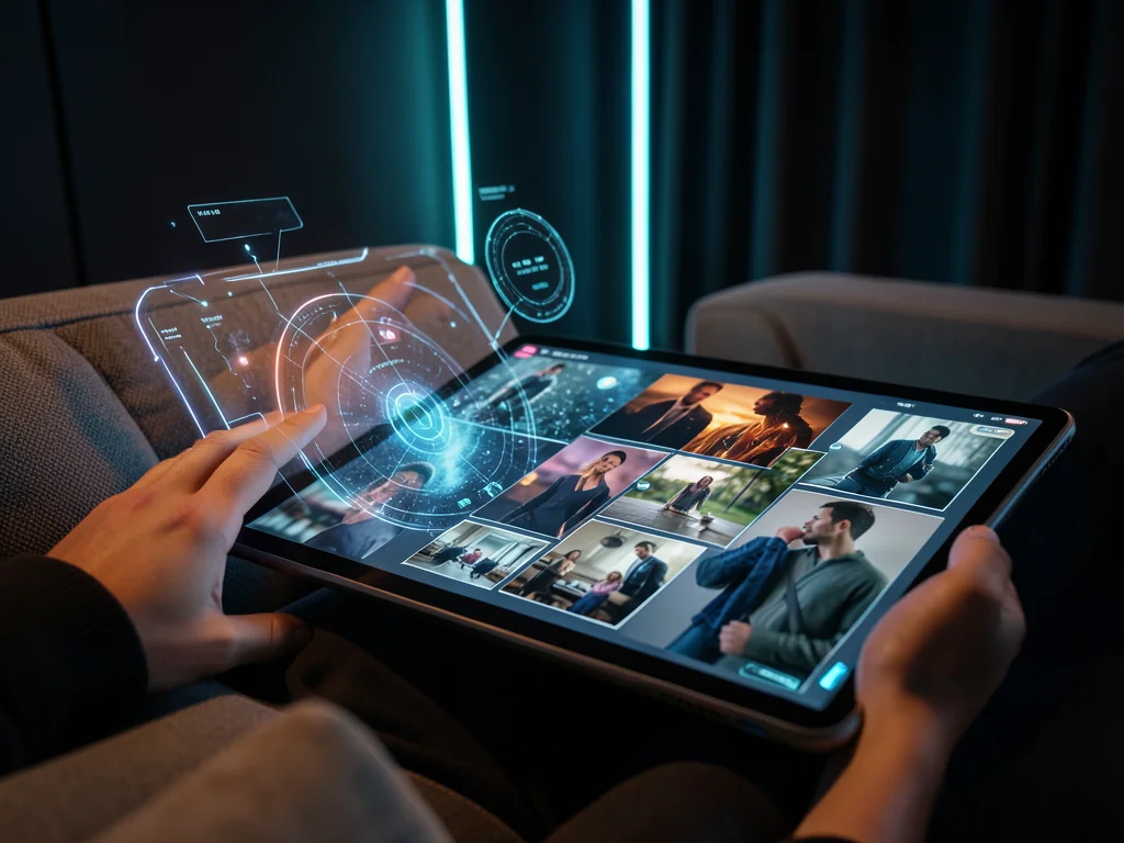 Person scrolling through photos on a large tablet, couch setting, cozy evening l
