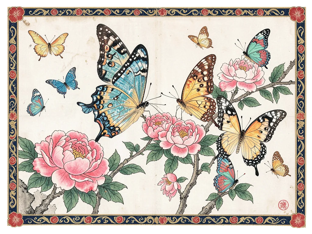 Butterflies over peony blossoms, patterns on wings echoing the petals