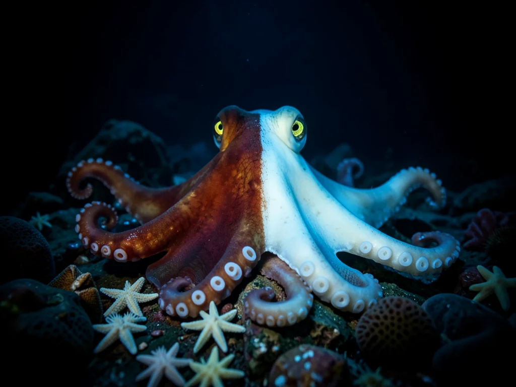 A deep-sea octopus changing color on the ocean floor, caught mid-chromatophore e