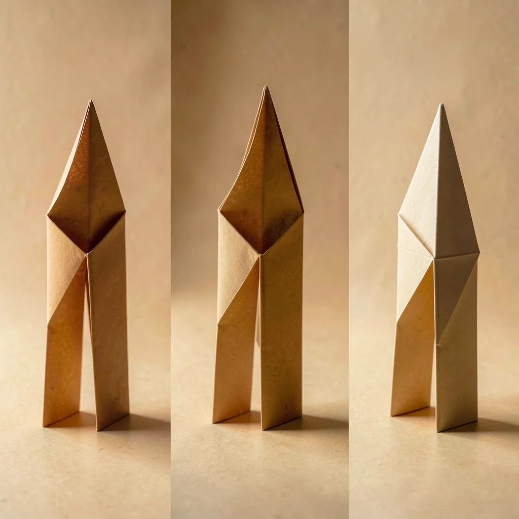 Triptych of three abstract folded-paper figures standing on a warm-neutral surfa