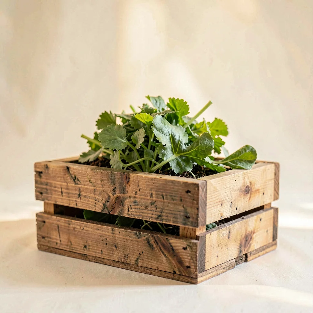 Lightbox food still life of a wooden crate with a small mound of leafy greens, h
