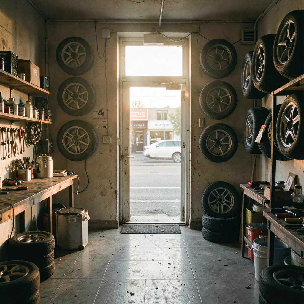 Atmospheric photo of a small tire shop interior with a row of tires hung on the 