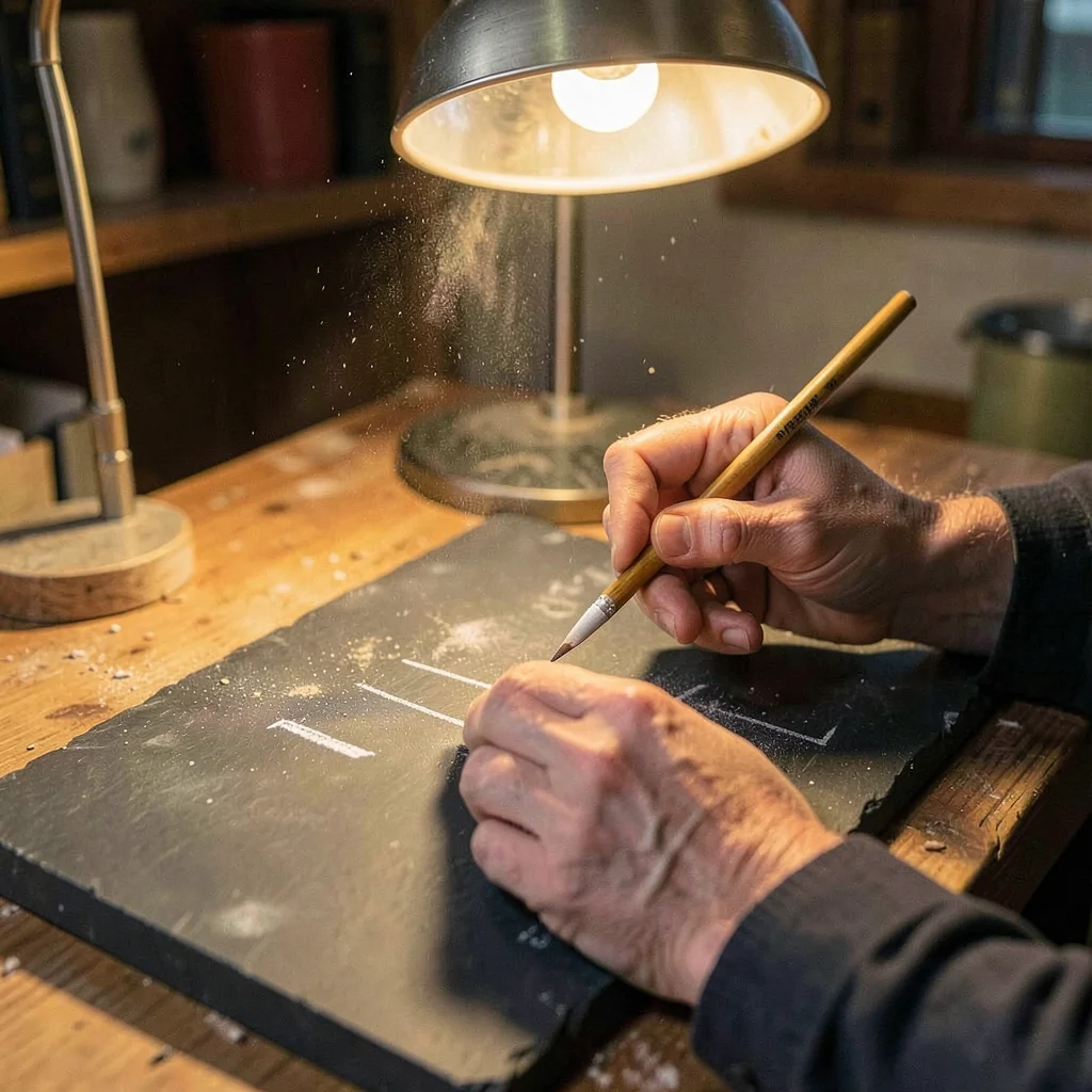 Hands of a teacher chalking a small mark on a slate, lamp glow on the chalkdust