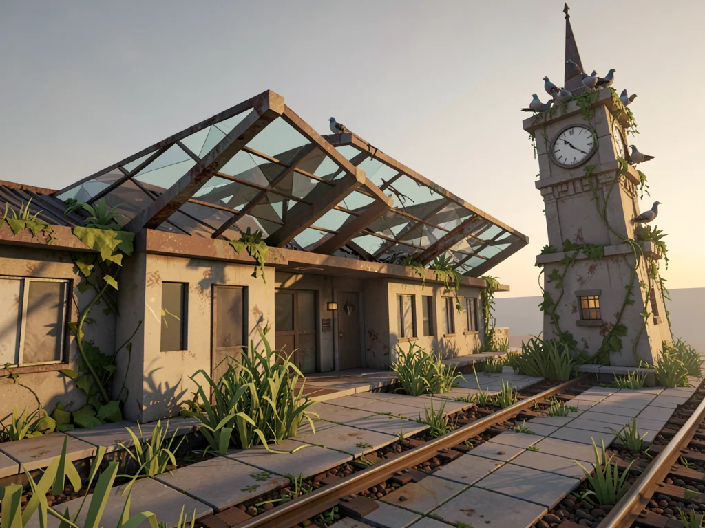 Polygonal rail station with collapsed glass canopy, faceted weeds erupting betwe