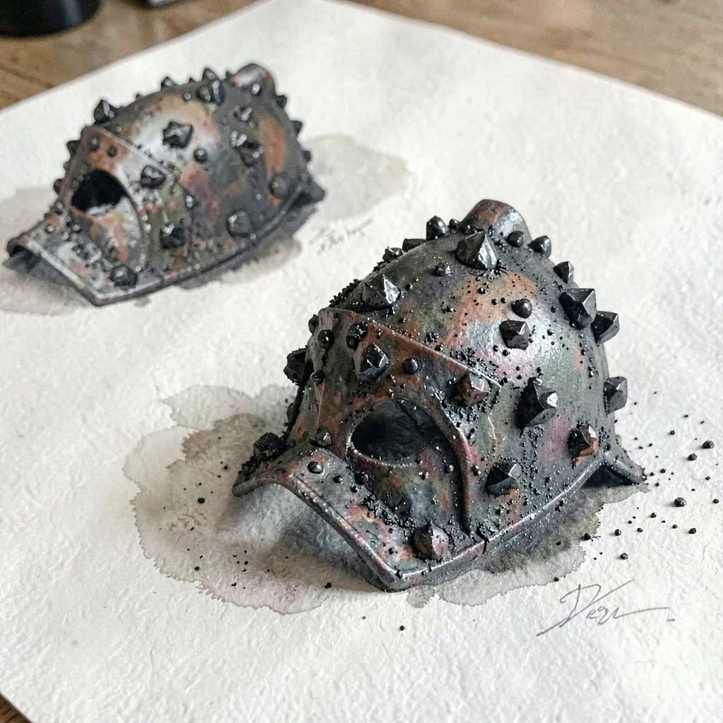 Tight prop study of a charred iron helm crusted with glassy obsidian flakes, thr