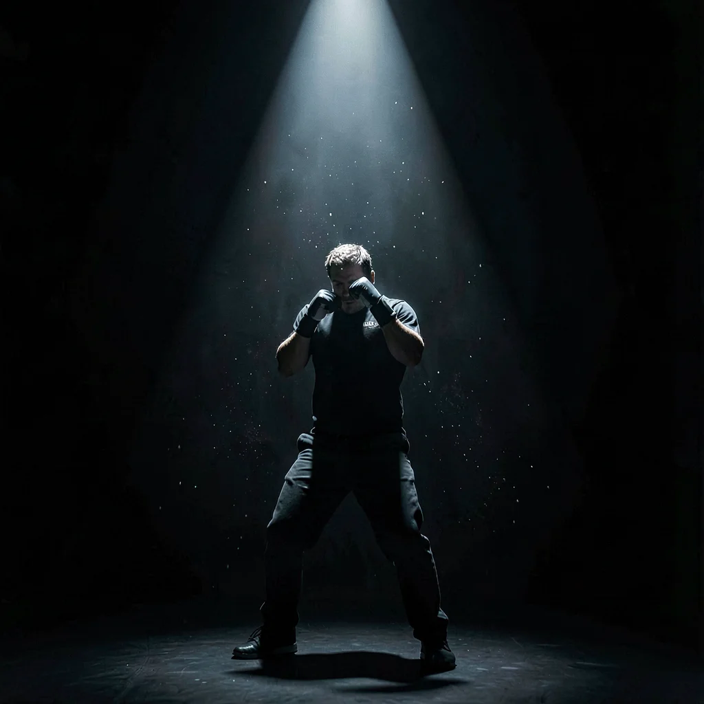 Nocturnal photo of a fighter shadowboxing in a single overhead spotlight, deep b