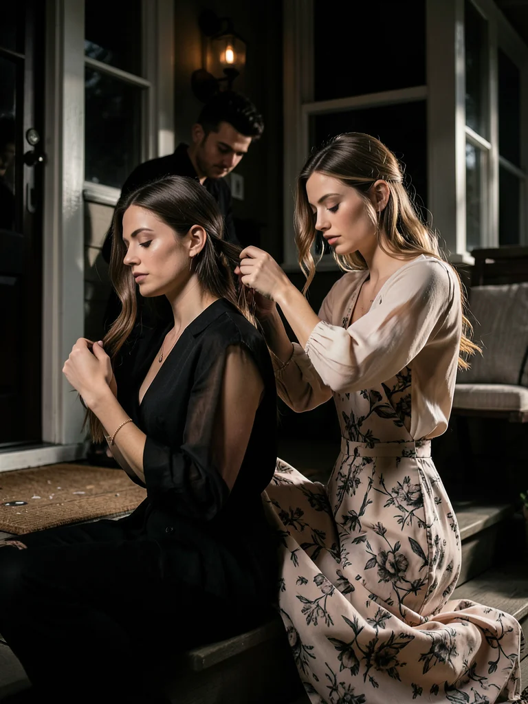 Mother braiding daughter's hair on porch steps, morning routine, intimate