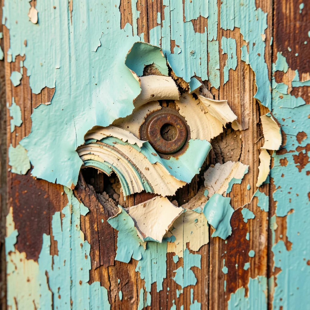 Door hinge area paint failure, repeated opening wearing through layers in arc pa