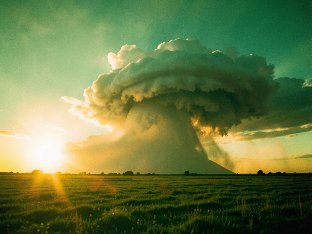 Supercell thunderstorm with rotating wall cloud at golden sunset, green-tinted s