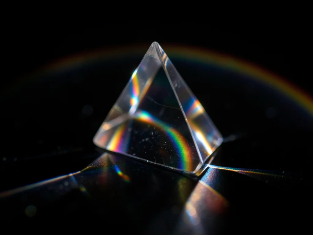 Dim prismatic light in dark room, faint rainbow arc on black surface, moody spec