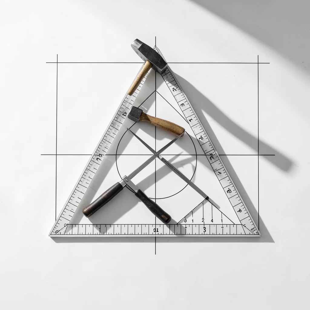 Workshop table with hammer, compass, and set square arranged in a strict triangl
