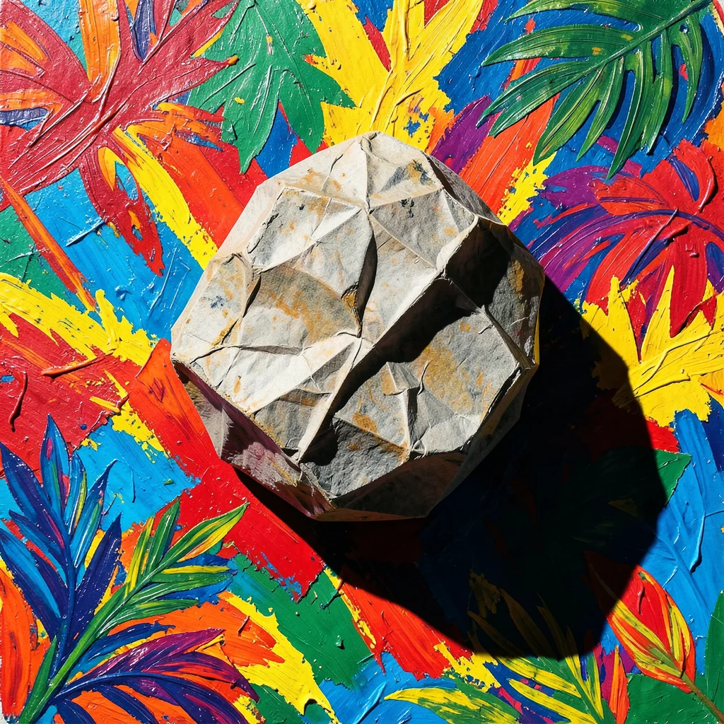 Paper rock that casts stone shadow, crumpled paper texture, heavy shadow