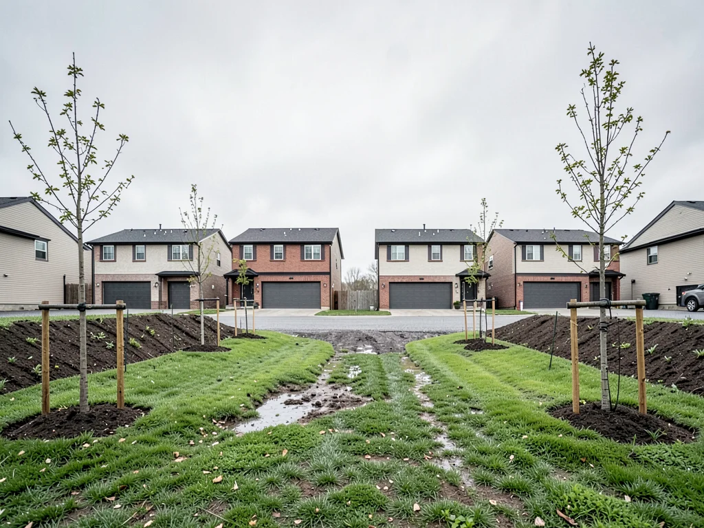 Subdivision cul-de-sac — six identical houses, two-car garages, young trees stak