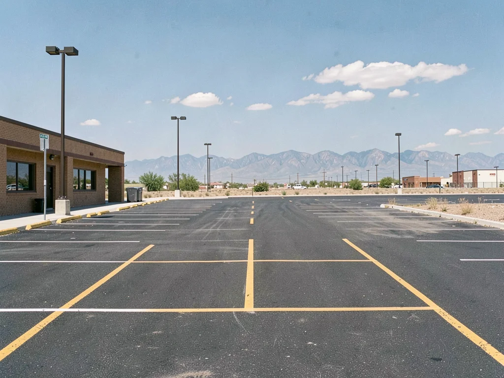 Strip mall parking lot at midday — no cars, painted lines, light standards, dist