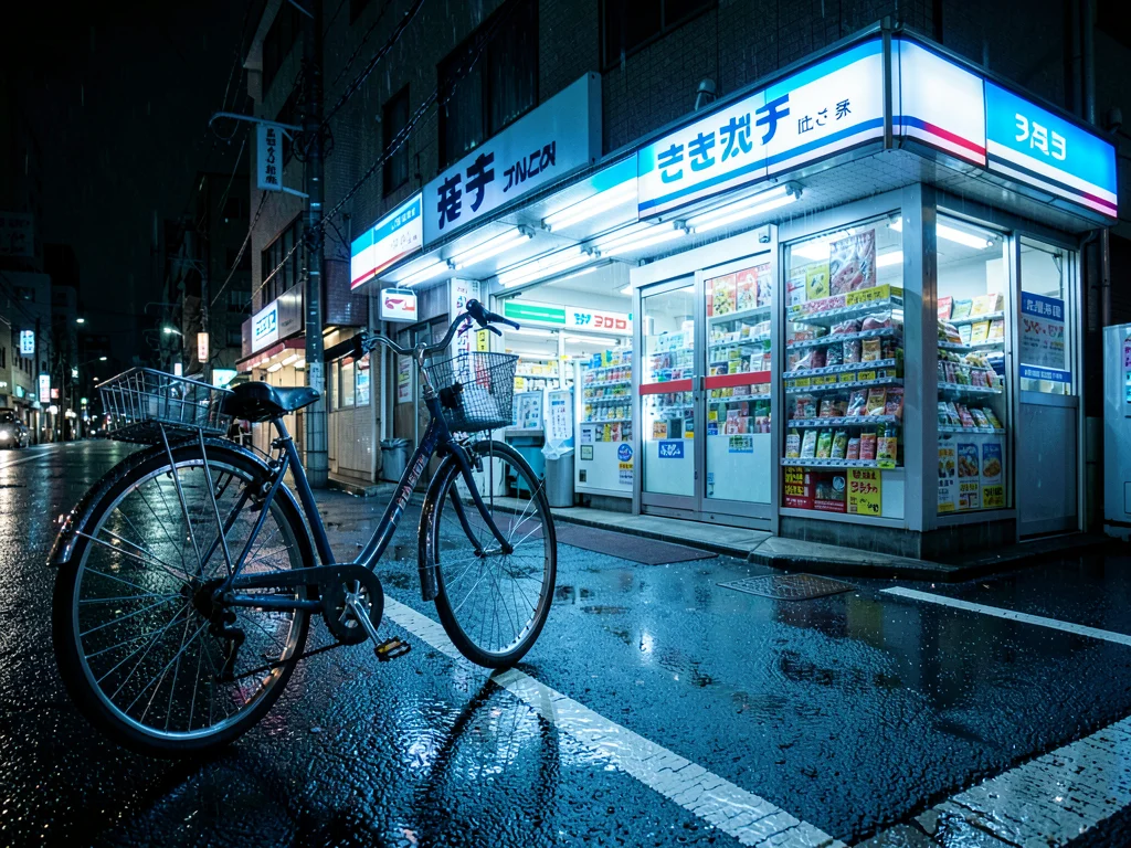 Rain-Wet Bicycle Outside Konbini