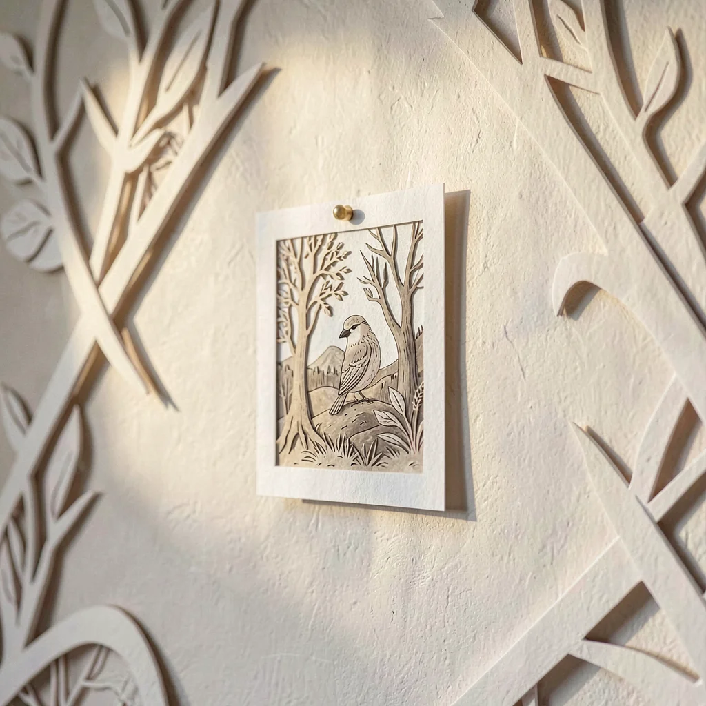 Papercraft ig-tile of a small paper-cut print pinned to a paper-cut wall, soft w