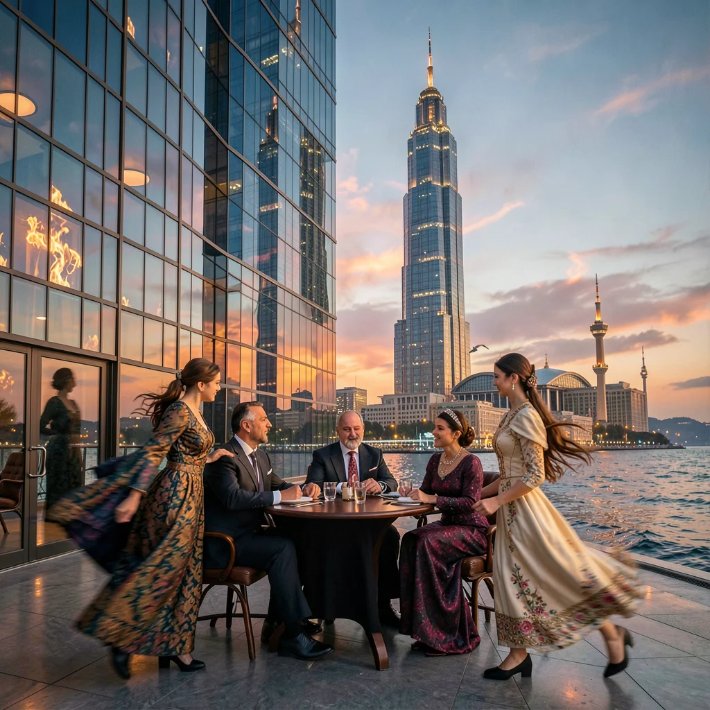 Oil-baron nouveau meeting Flame Tower modernity in windy Baku, women in traditio