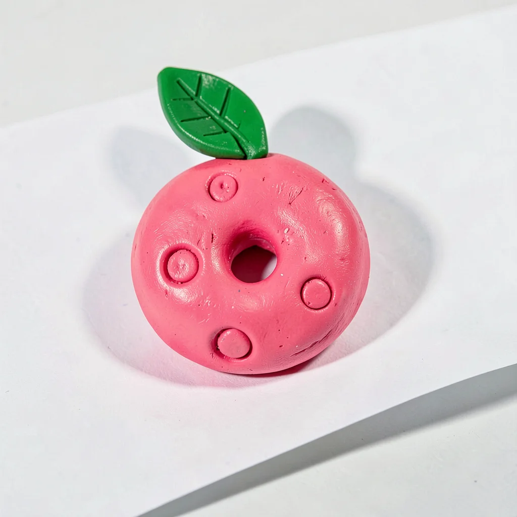 Round chunky clay donut peach in primary pink with stubby green squat leaf and o