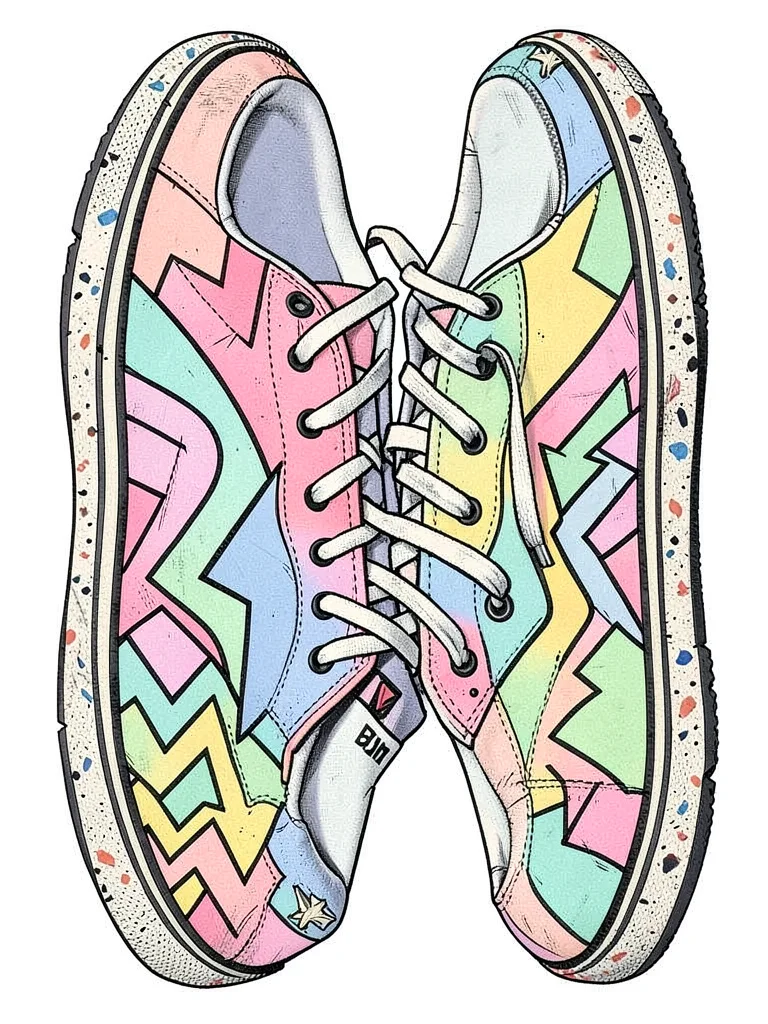 Sneaker design Memphis treatment, terrazzo sole, squiggle laces, clashing pastel