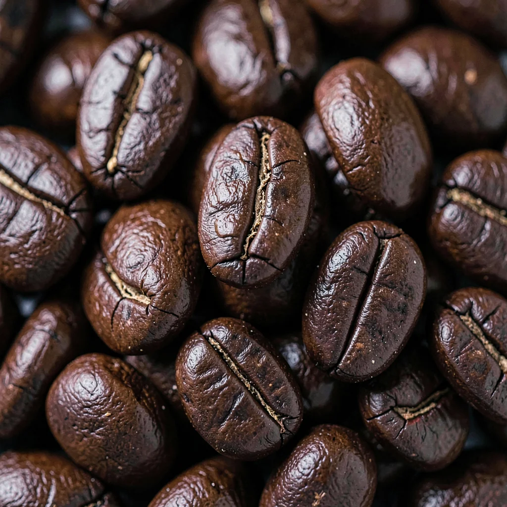 Studio macro top-down of a tight cluster of dark-roast beans, fissures and gloss