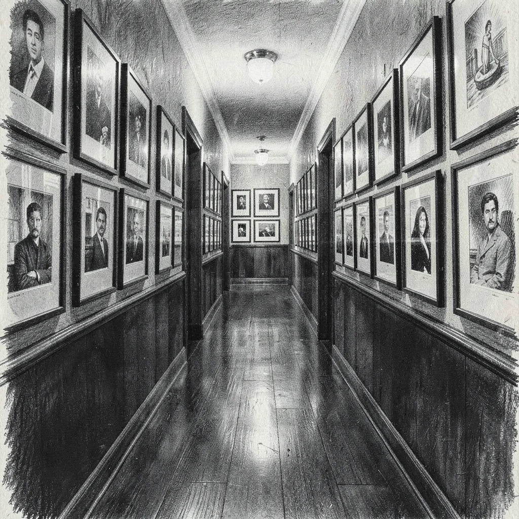 Editorial charcoal of a hallway lined with framed records, deep blacks fading to