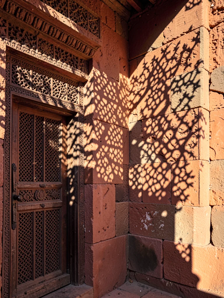 Afternoon sun through mashrabiya lattice in Lamu, Kenya, Shadow of carved door f