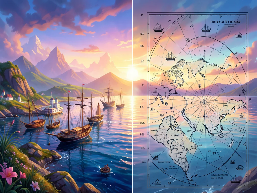 Harbor photo transitioning to nautical chart illustration, depth markers, ship i