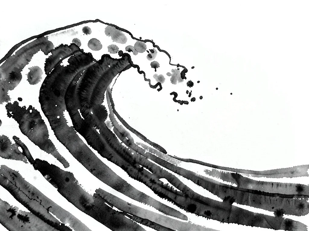 Waves rolling in — ink darkest at the curling crest, white foam negative space