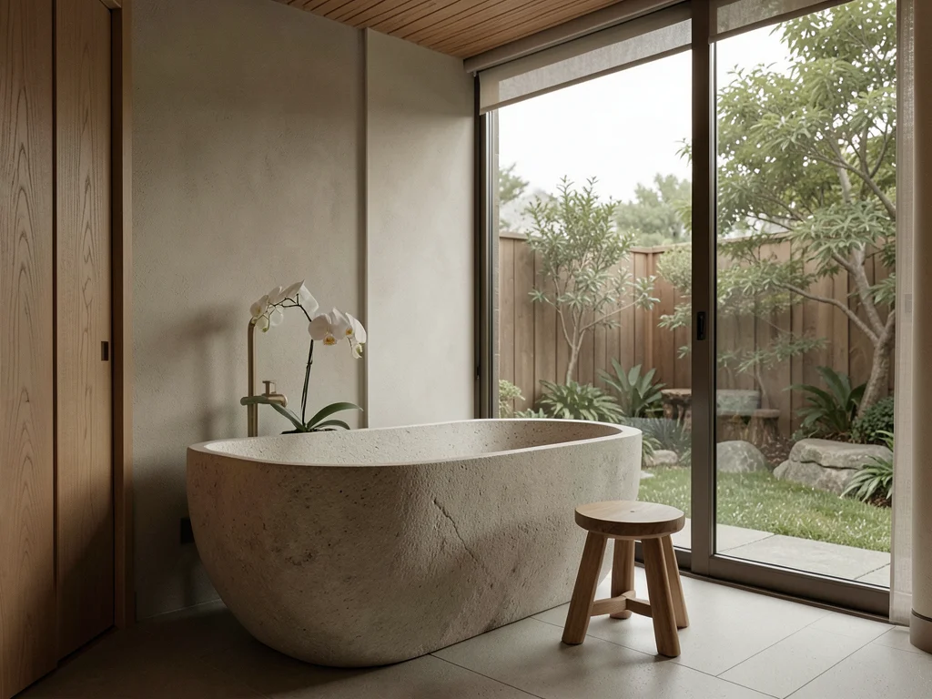 Bathroom with freestanding stone bathtub, wooden stool, single orchid, floor-to-