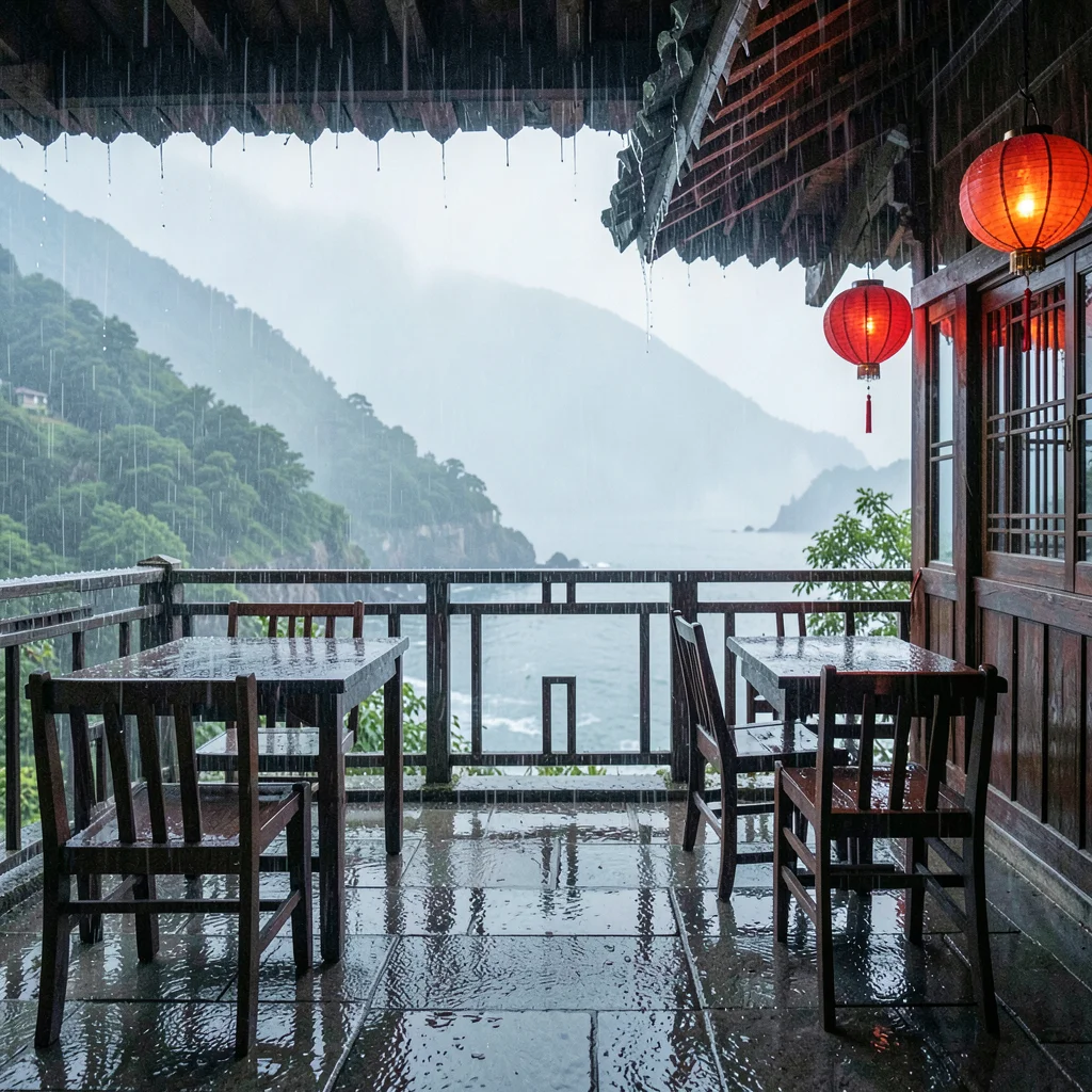 Jiufen rain beauty, wet mountain coastal, Traditional teahouse balcony overlooki