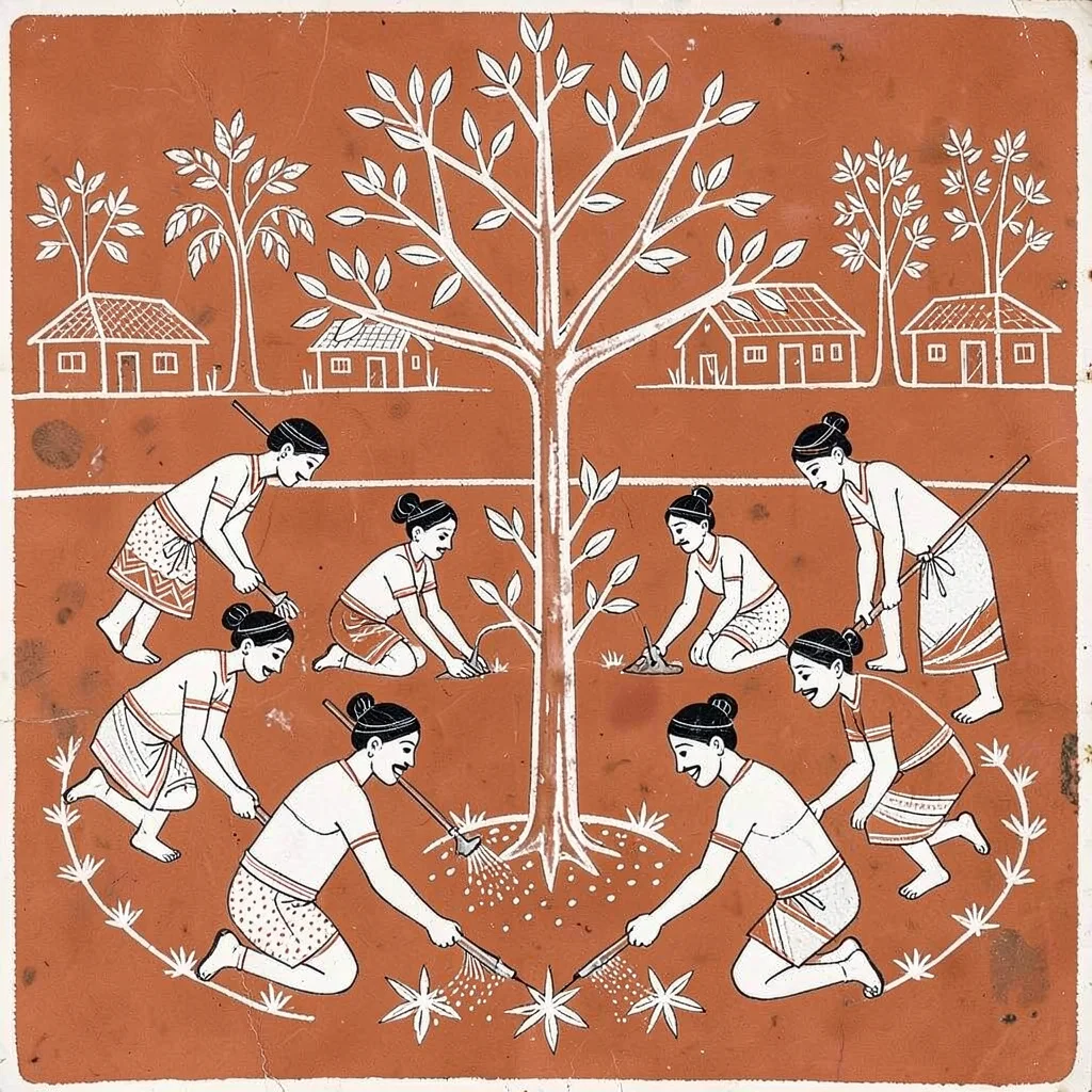 Communal tree planting — five figures digging and watering around a central sapl